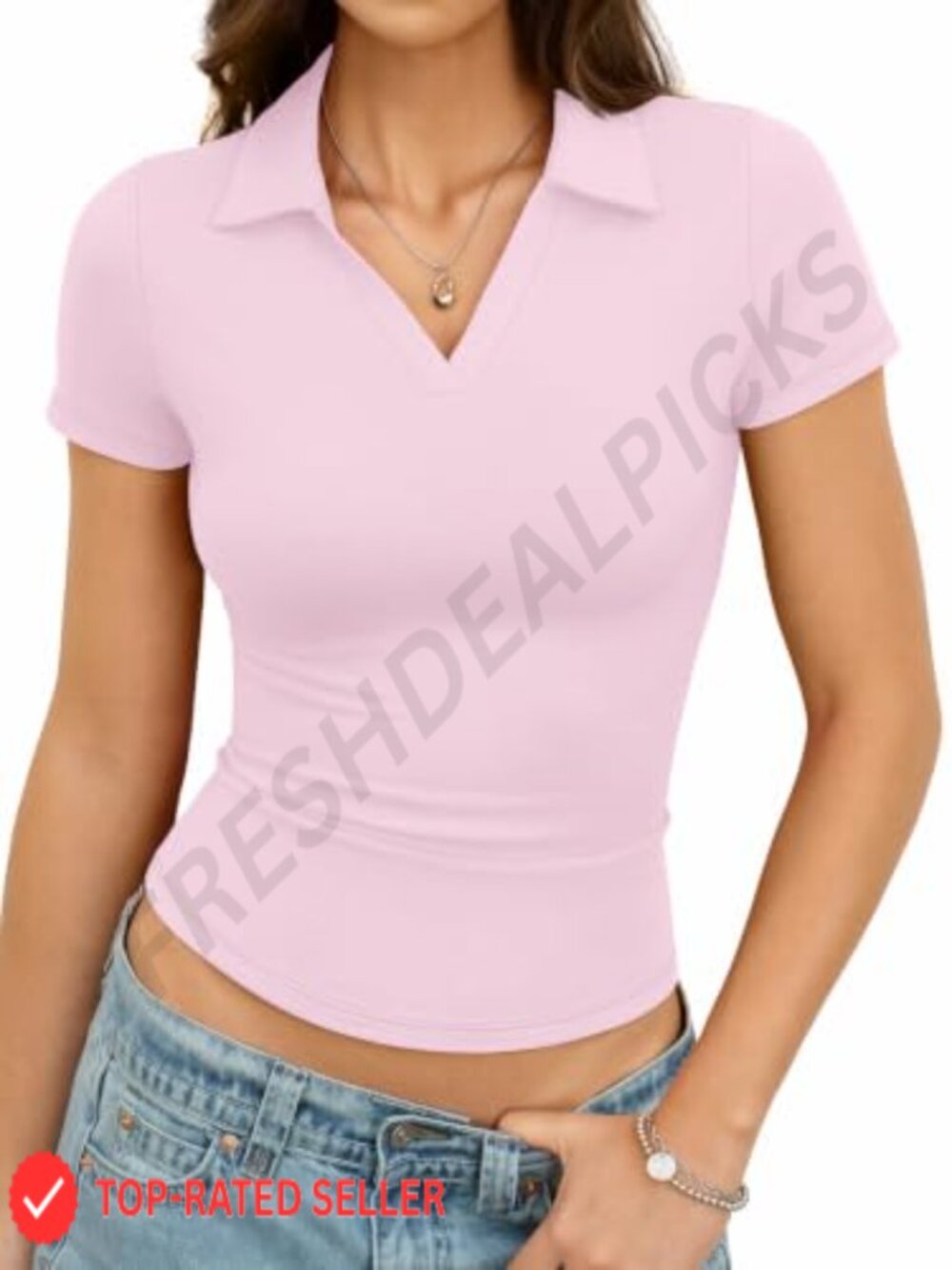 Womens Stretch Cotton Jersey Polo Shirt Short Sleeve V-Neck Fitted Top